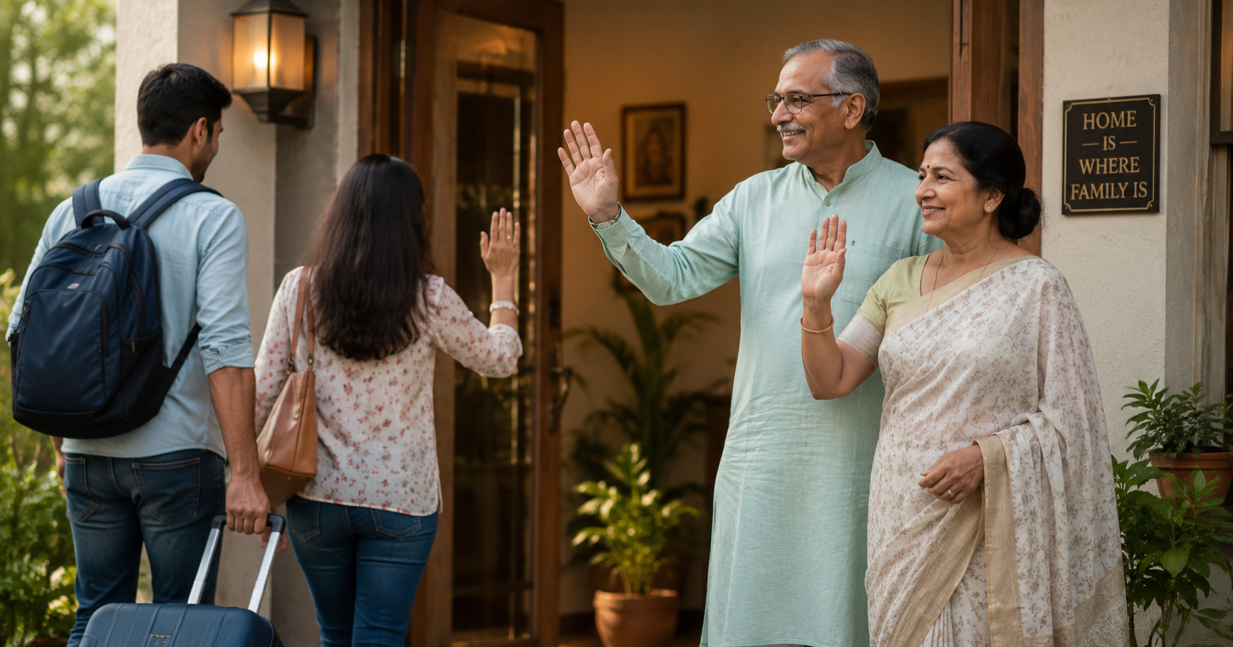 Parents waving goodbye as their children leave for the airport — home is where family is